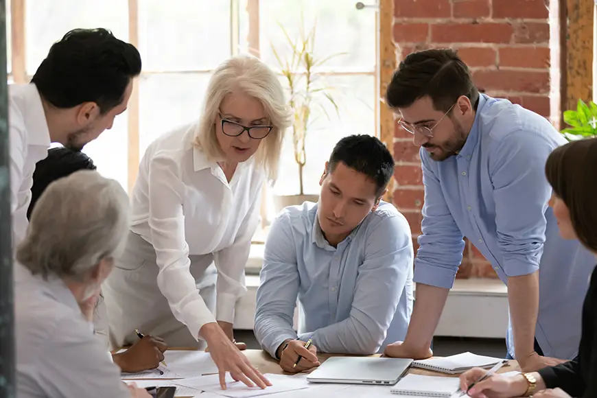 A business leader explains a plan to their team